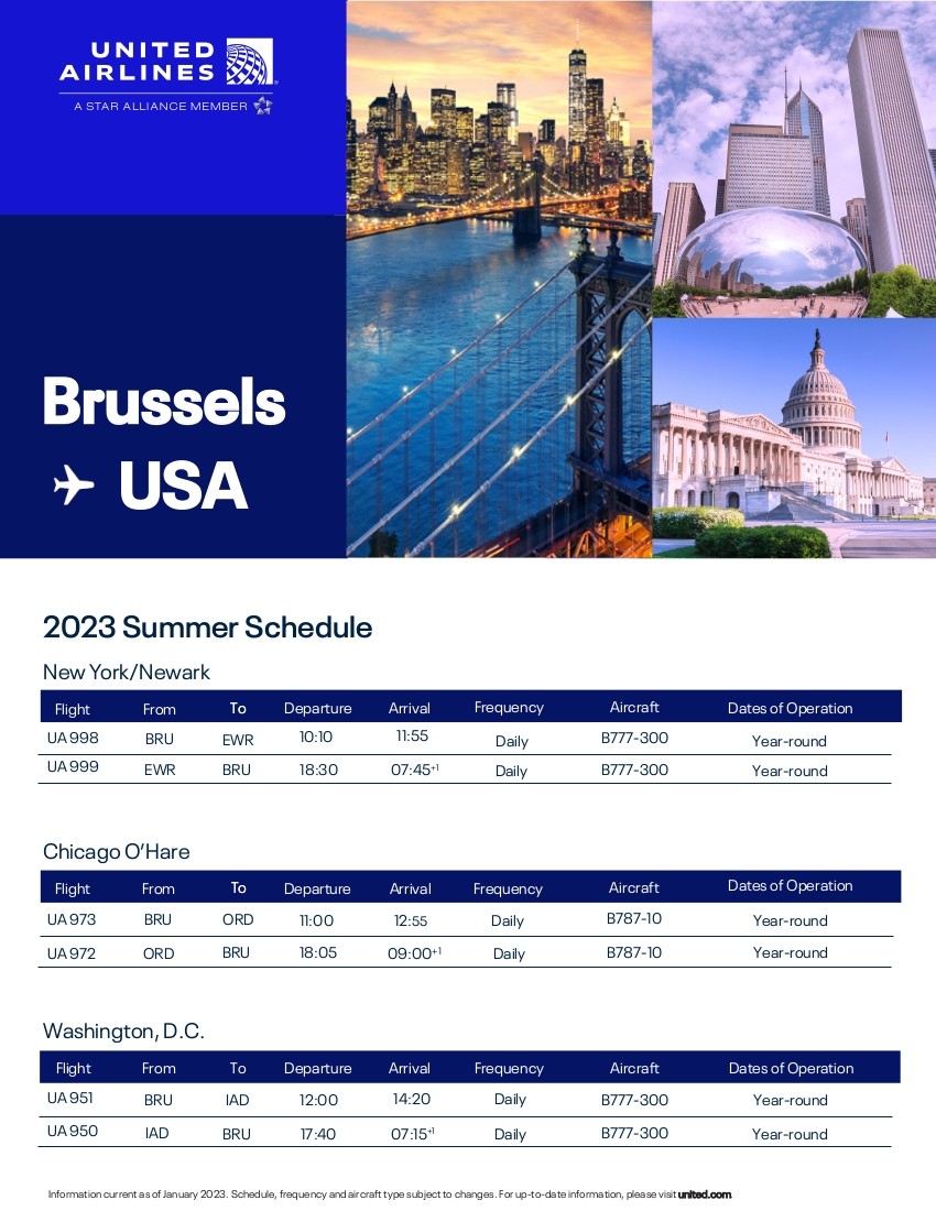 United Airlines summer schedule 2023 Brussels to USA